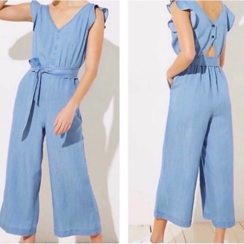 LOFT Chic Light Denim Sleeveless Tie-Waist Chambray Jumpsuit Size S